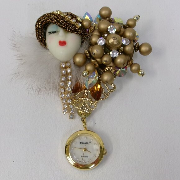 Bonetto Art Deco Flapper Lady in Fur Fancy Brooch Watch in Original Box - Picture 1 of 3